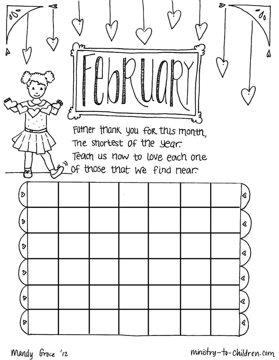 February Coloring Page Calendar