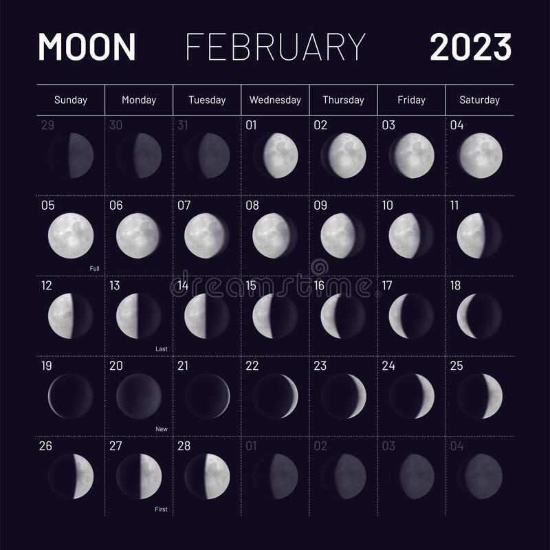 February Lunar Calendar For 2023 Year Monthly Cycle Planner Stock 