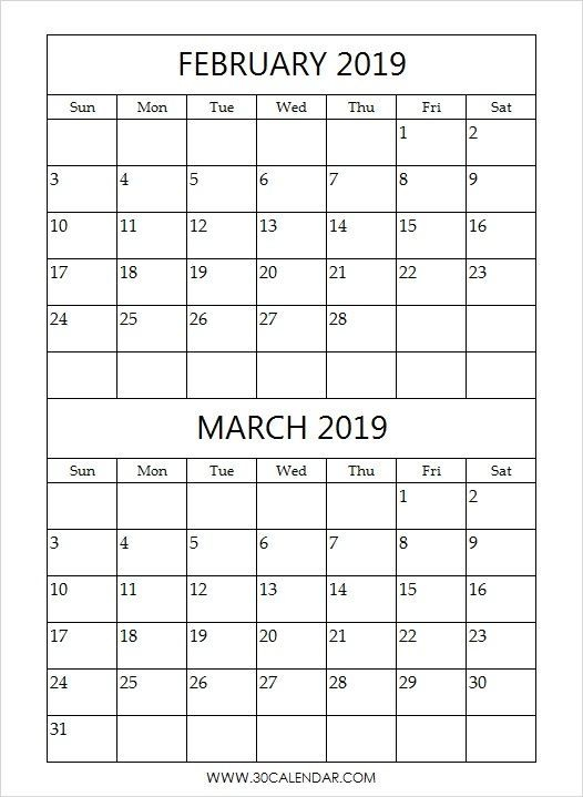 February March 2019 Calendar Template Calendar Printables Printable 
