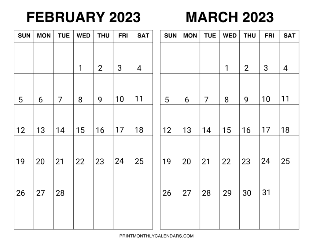 February March 2023 Calendar Template Printable Two Month Planner
