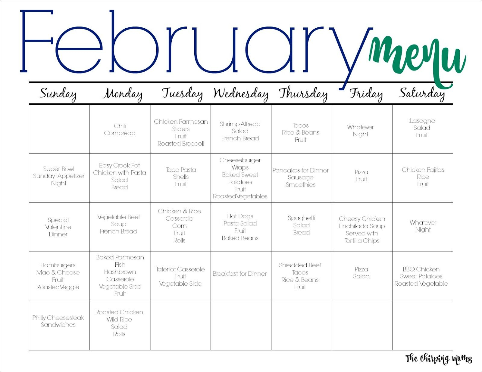 February Meal Plan For Families Free Printable The Chirping Moms