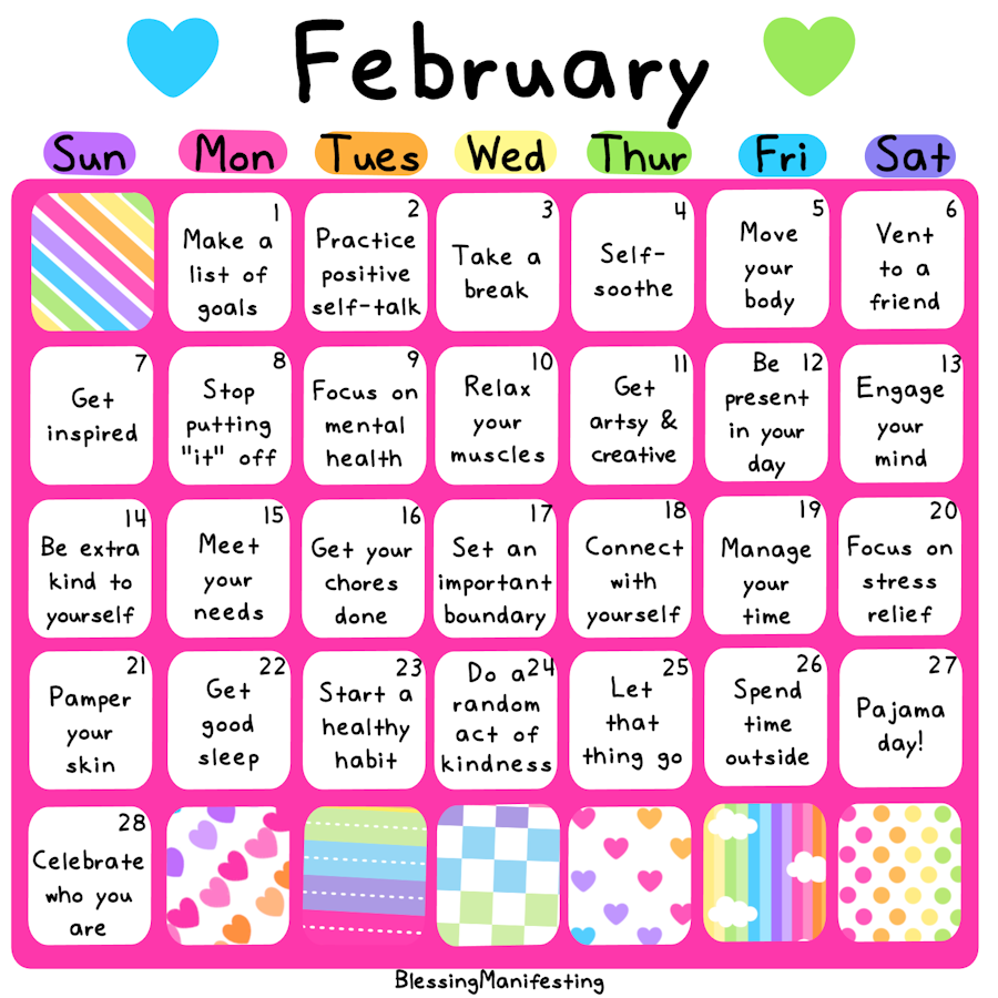 February Self Care Calendar Free Download Blessing Manifesting In 