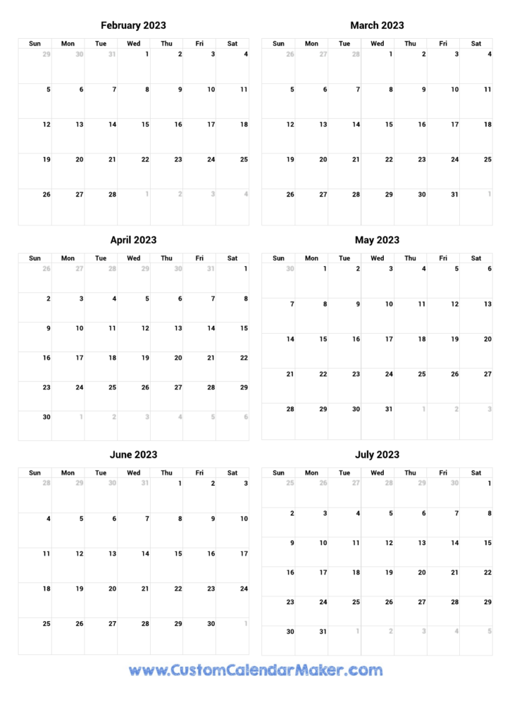 February To July 2023 Printable Calendar