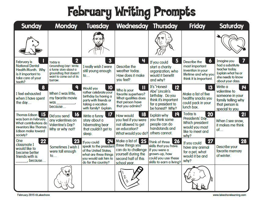 February Writing Prompts Free Calendar Printable Thanks Lakeshore 