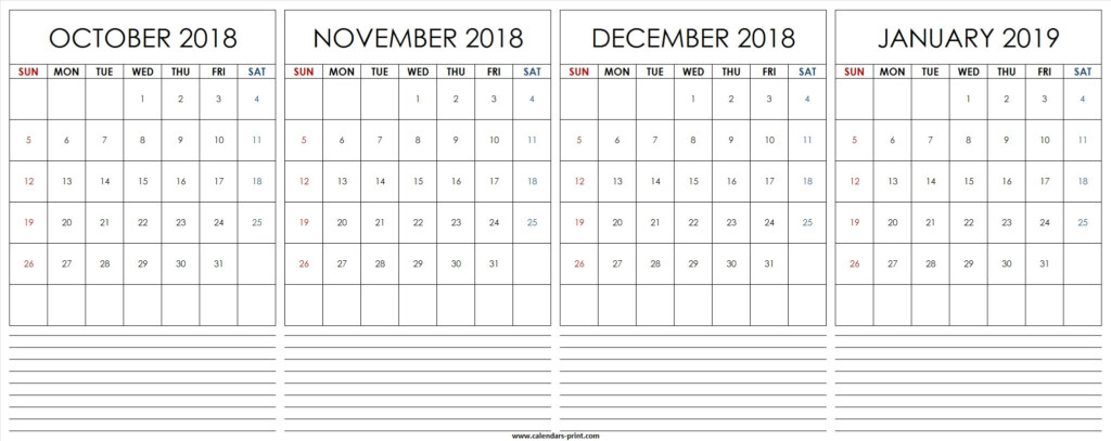 Four Monthly October November December 2018 January 2019 Calendar Get 