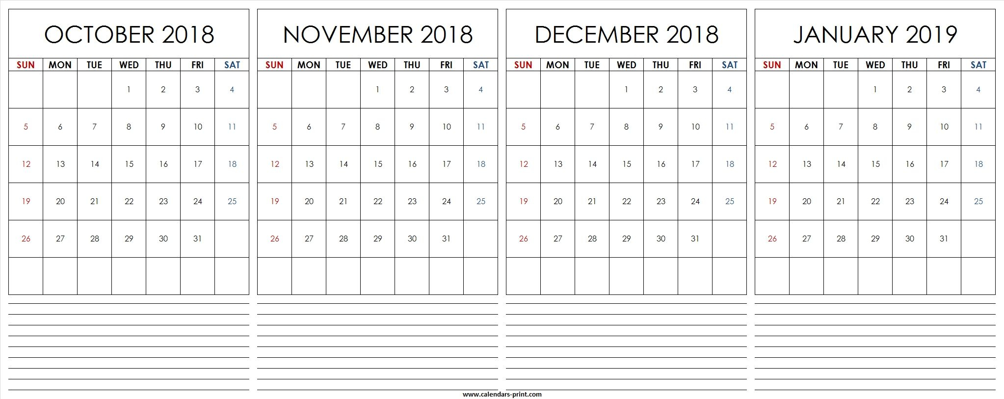 Four Monthly October November December 2018 January 2019 Calendar Get