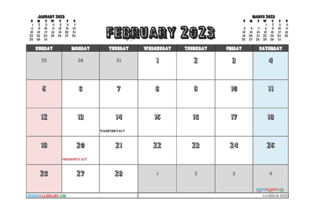 Free Cute February 2023 Calendar Printable PDF In Landscape