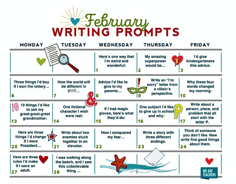 FREE DOWNLOAD February Writing Prompts Calendar WeAreTeachers