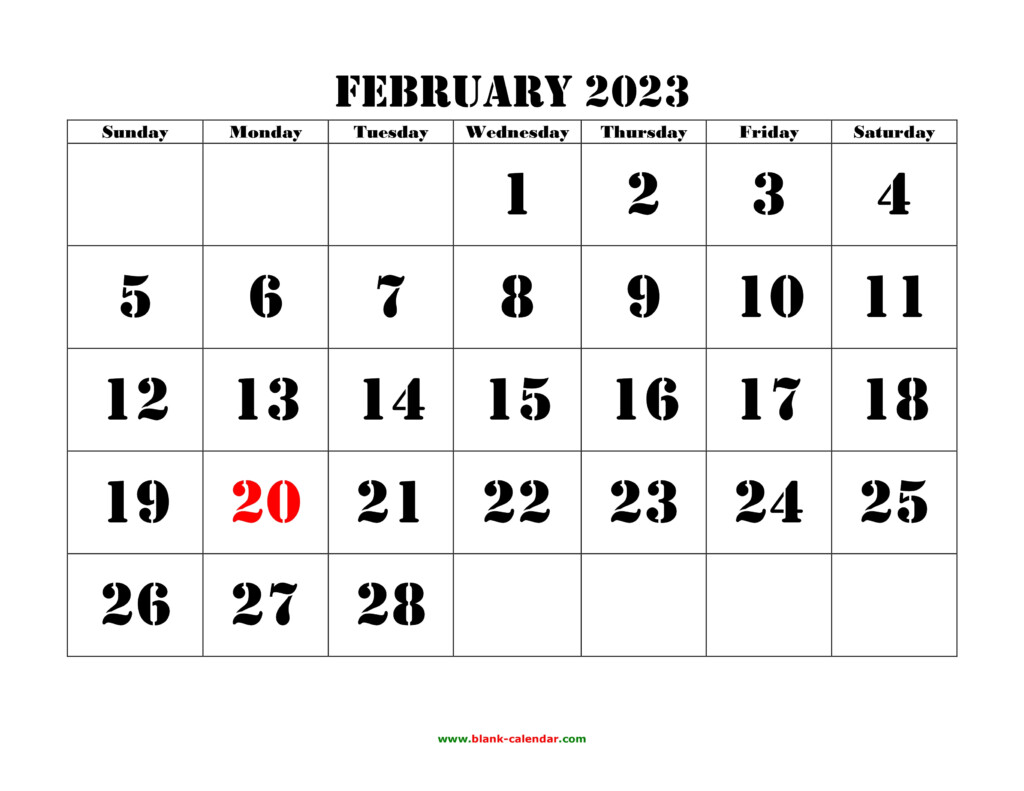 Free Download Printable February 2023 Calendar Large Font Design 