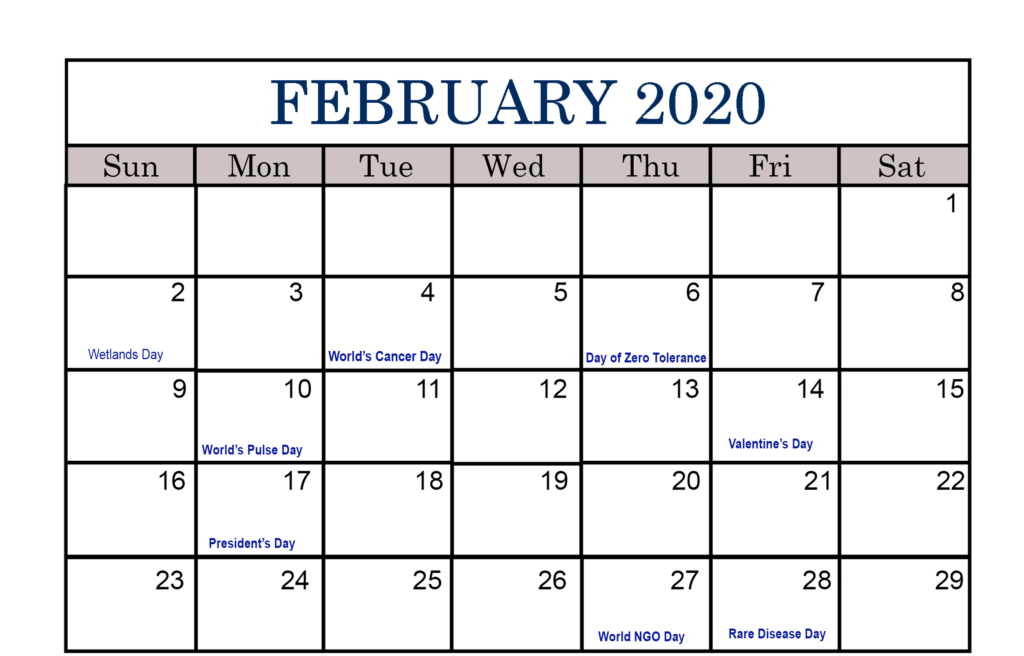 Free February Holidays Calendar 2020 Printable Templates