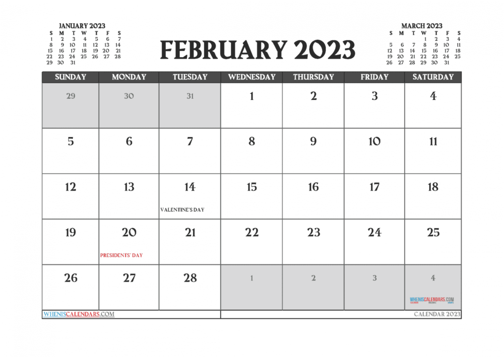 Free Printable February Calendar 2023 With Holidays In Landscape