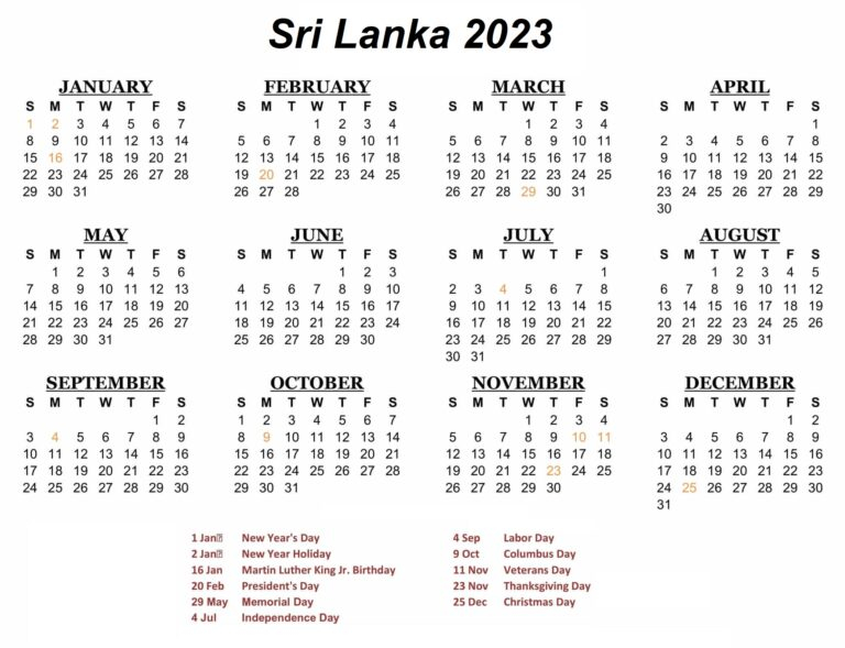 Free Printable Sri Lanka 2023 Calendar With Holidays PDF 