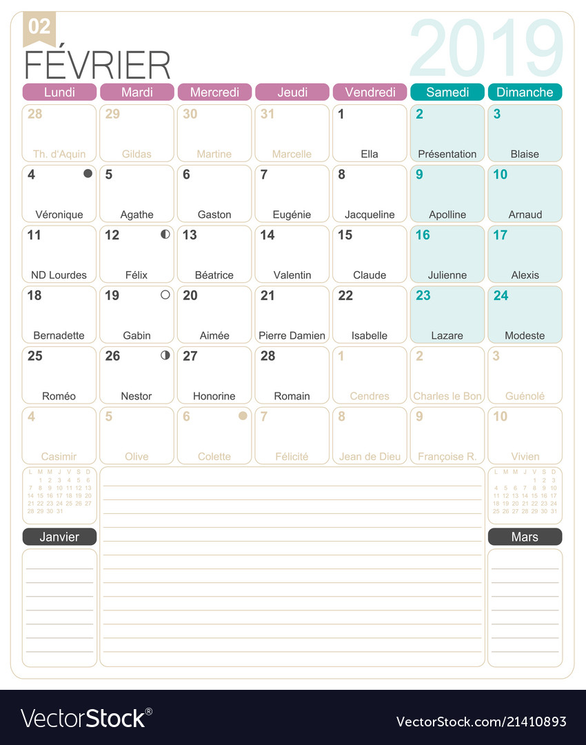 French Calendar February 2019 Royalty Free Vector Image