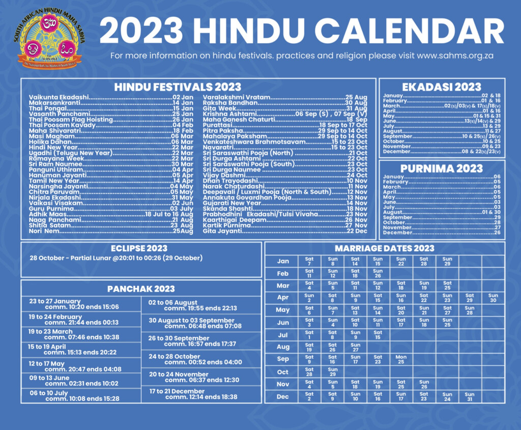 Hindu Calendar 2023 SAHMS South African Hindu Maha Sabha