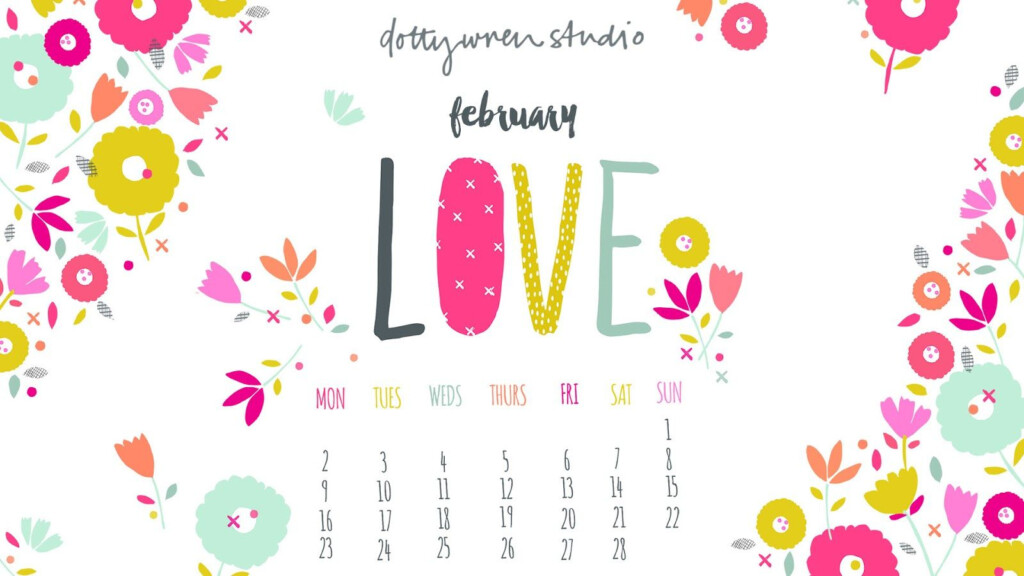 Illustrated Pink Yellow Mint Floral Love February Desktop Calendar 