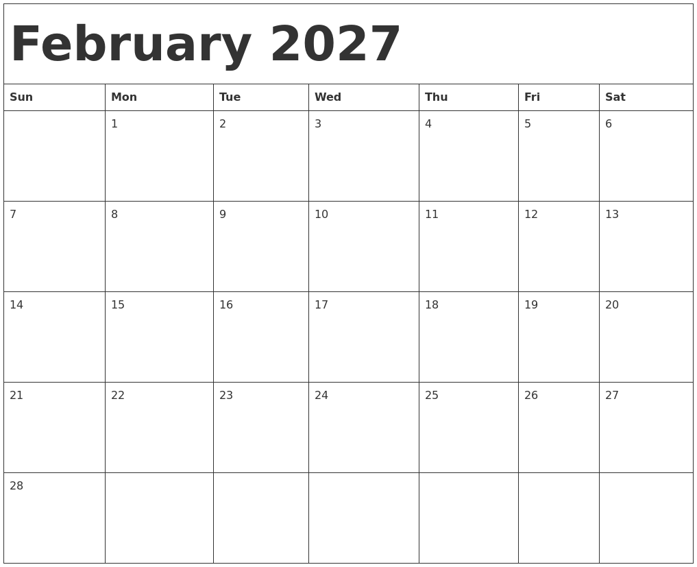 January 2027 Printable Calendar