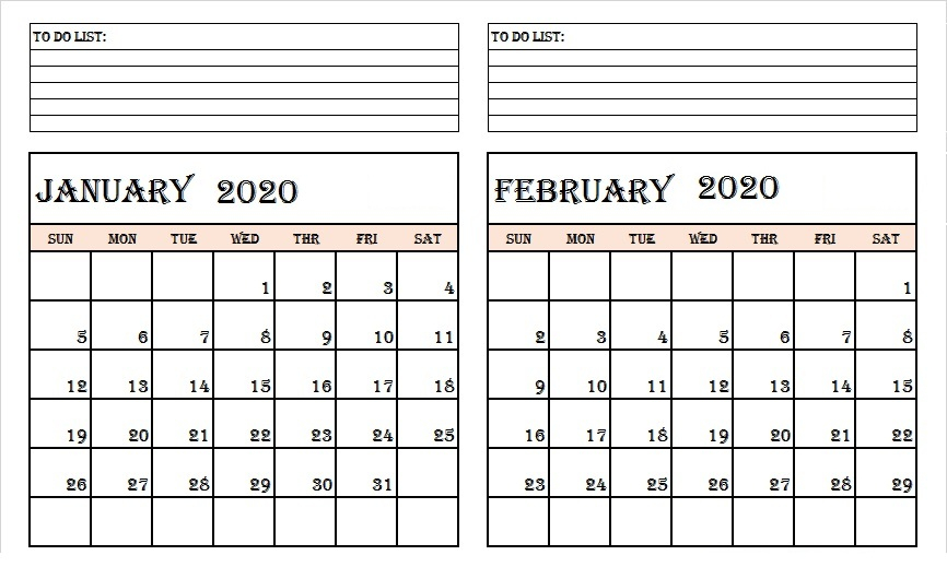 January And February 2020 Calendar In Microsoft Word Formats Free 