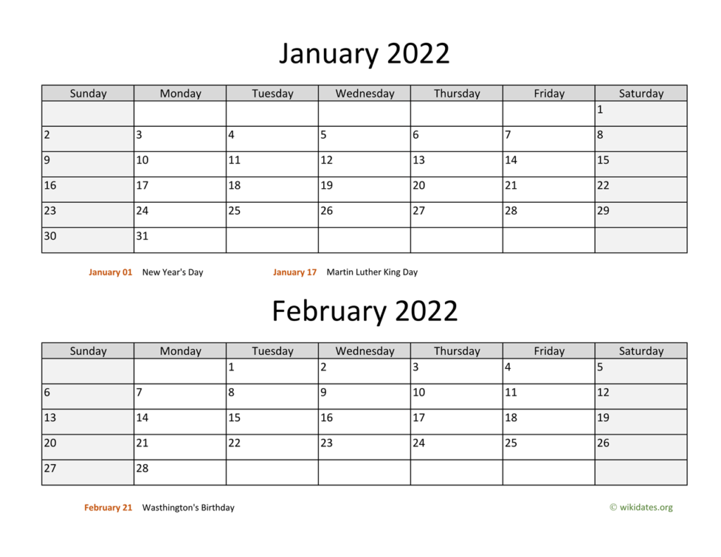 January And February 2022 Calendar Printable Calendar 2022