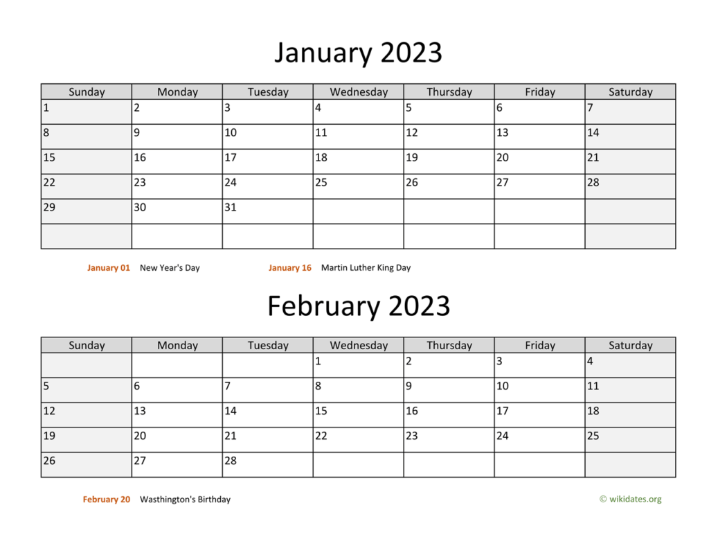 January And February 2023 Calendar WikiDates