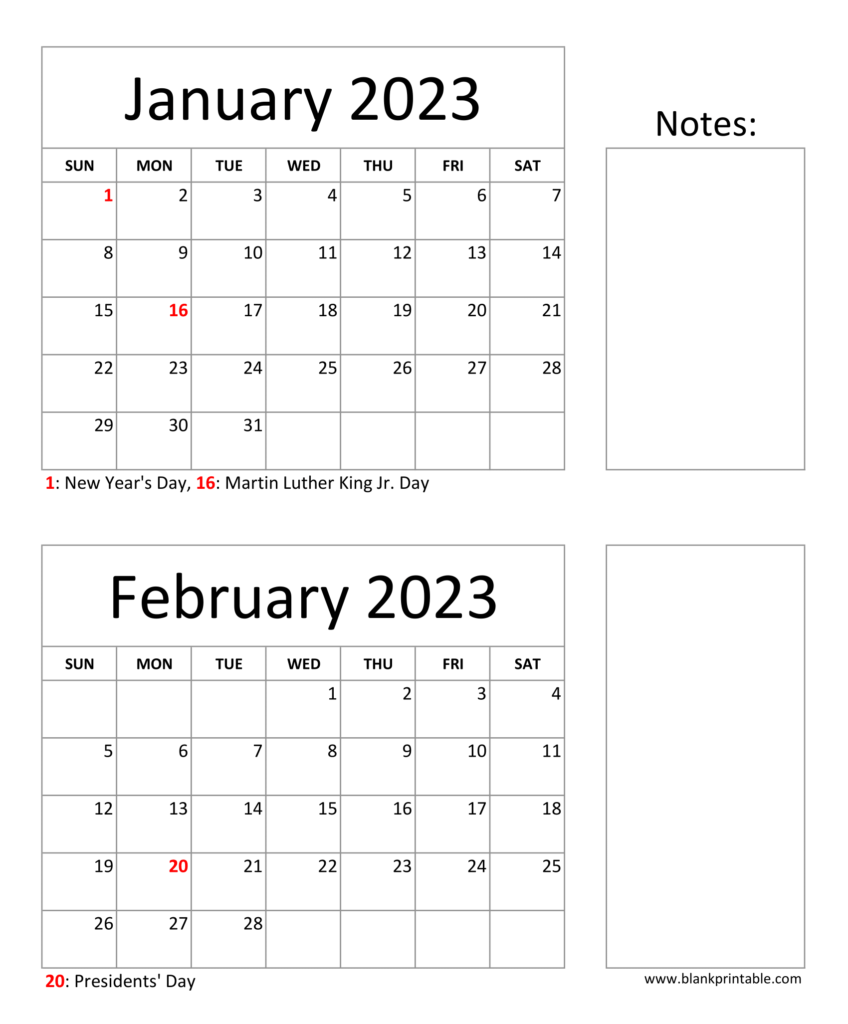 January February 2023 Calendar Printable Template Notes Holidays PDF