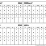 January February March April 2019 Calendar 4 Month Calendar Template