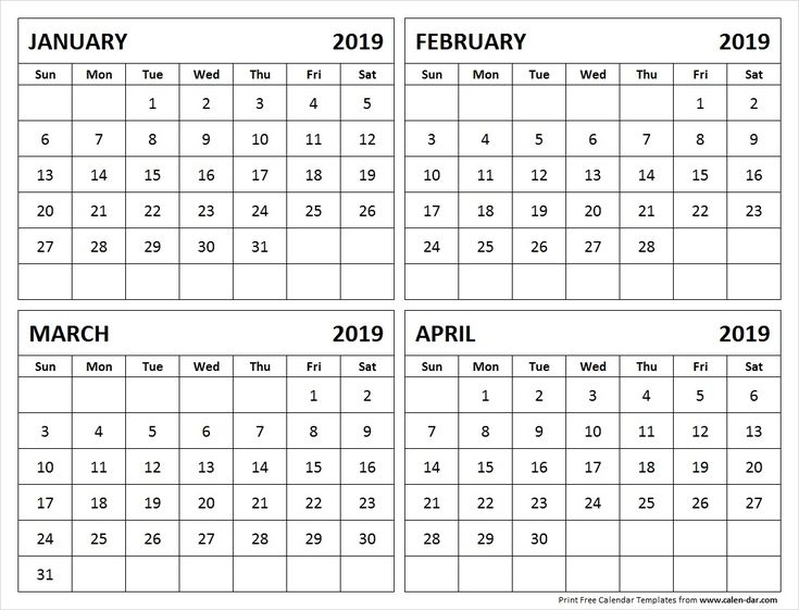 January February March April 2019 Calendar 4 Month Calendar Template 