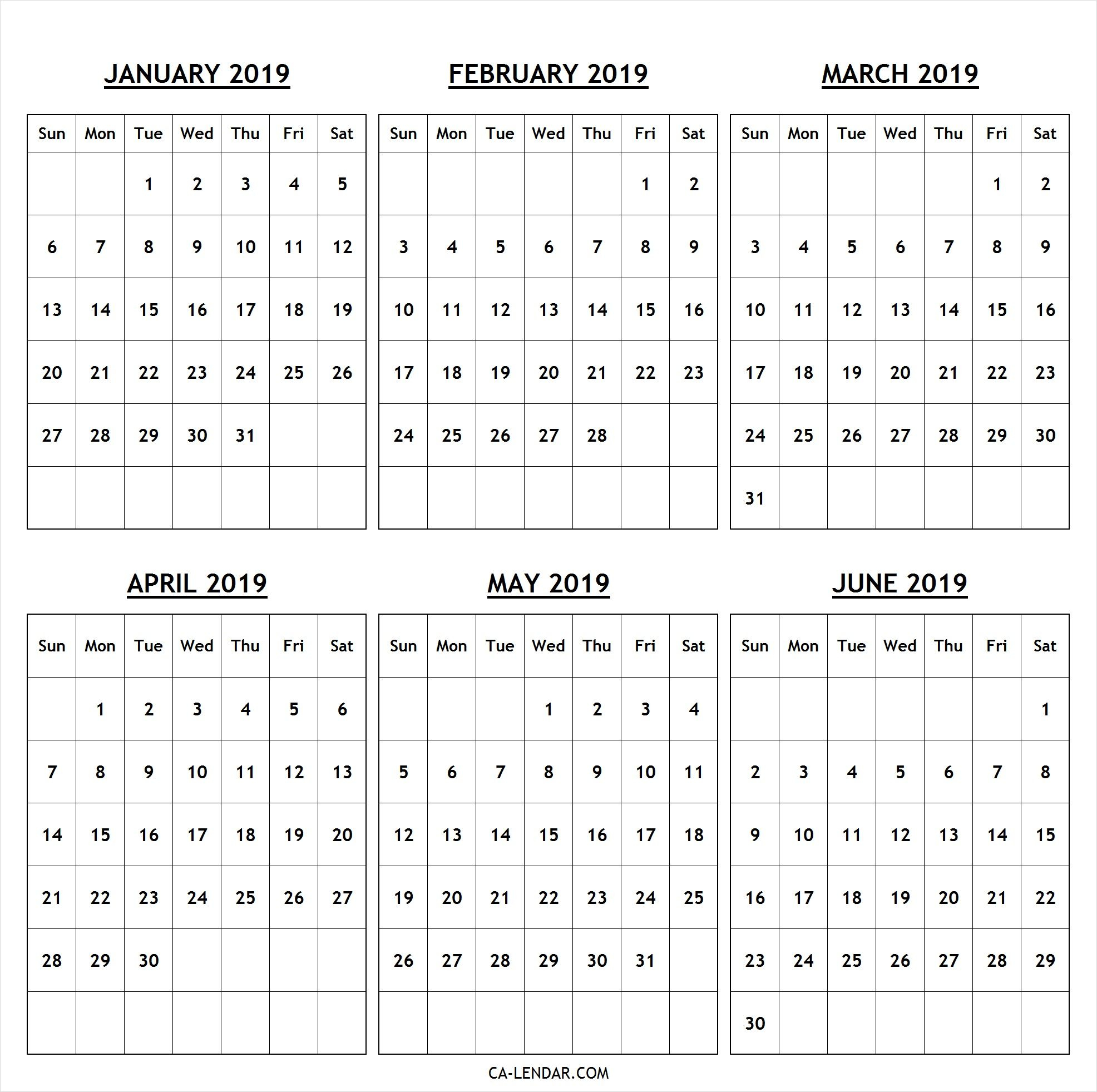 January February March April May June 2019 Calendar Free Printable