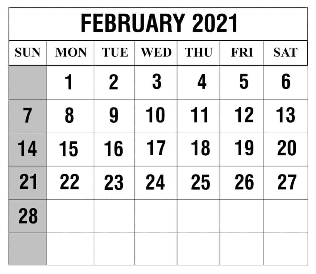 Monthly February 2021 Calendar Blank Printable Template