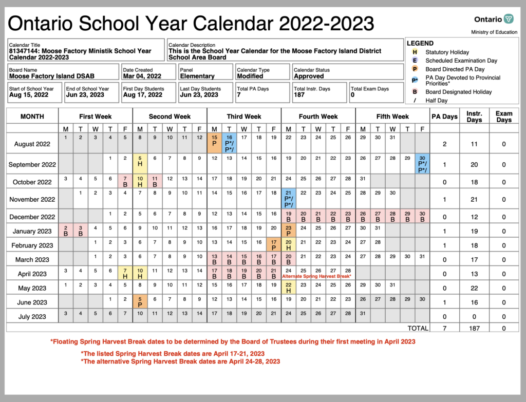 Moose Factory Ministik School Calendar 2023 PublicHolidays