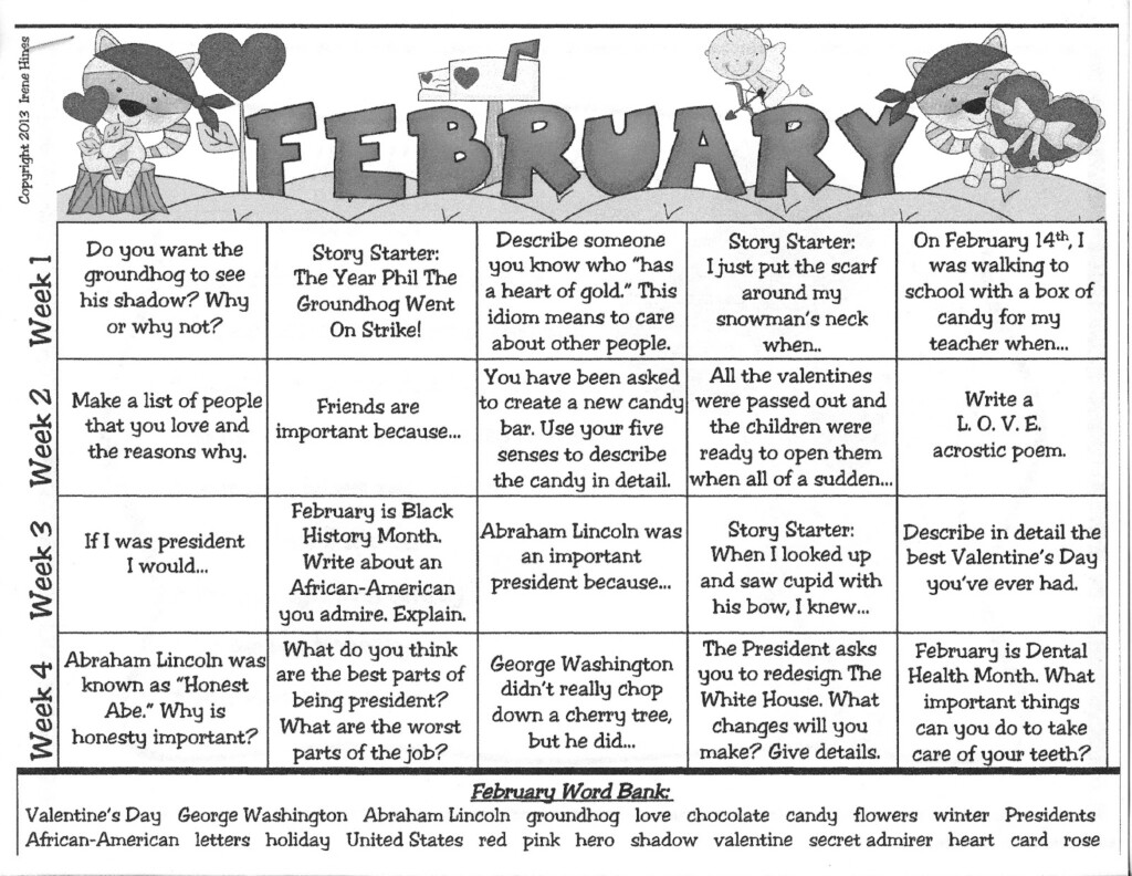 Mrs Green s First Grade News February Calendar Prompts