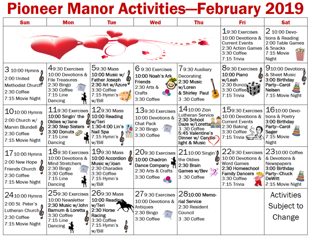 Pioineer Manor February Calendar Pioneer Manor Nursing Home