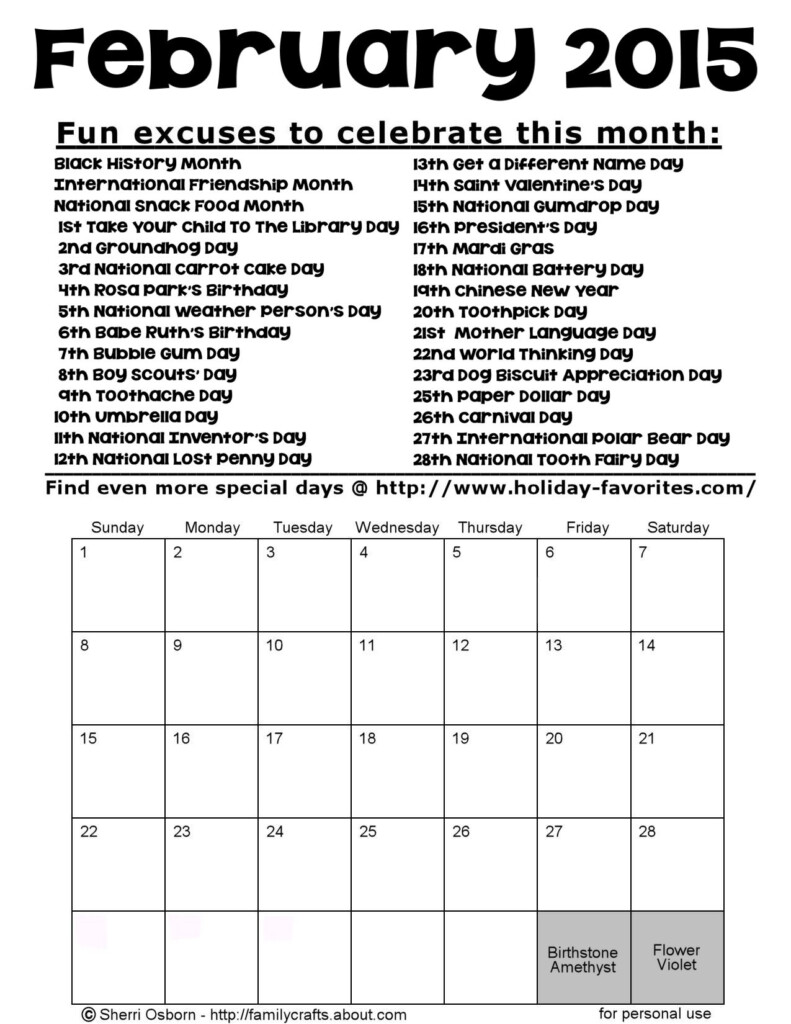 Printable February 2015 Calendars Holiday Favorites