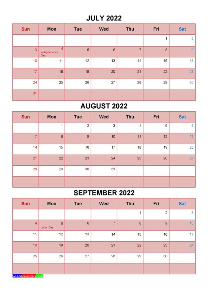 Printable July August September 2022 Calendar With Holidays Four 
