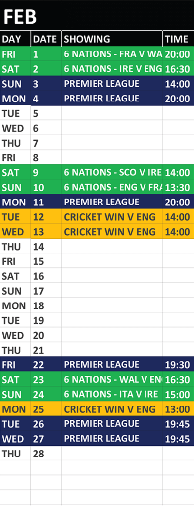 Sports Calendar Feb 2019 Balance Health Club Kettering