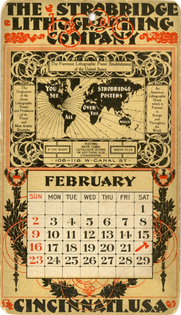 Strobridge Litho Co February 1896 Company Calendars Vintage 