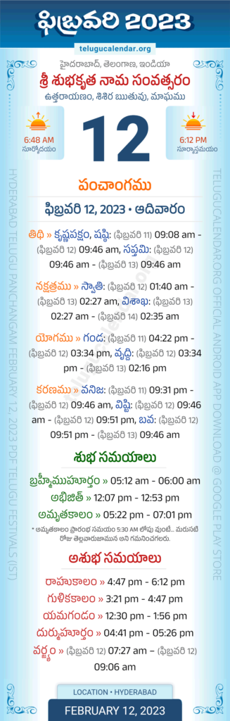 Telangana Panchangam February 12 2023 Telugu Calendar Daily