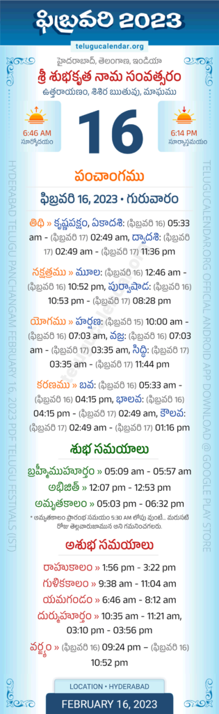 Telangana Panchangam February 16 2023 Telugu Calendar Daily