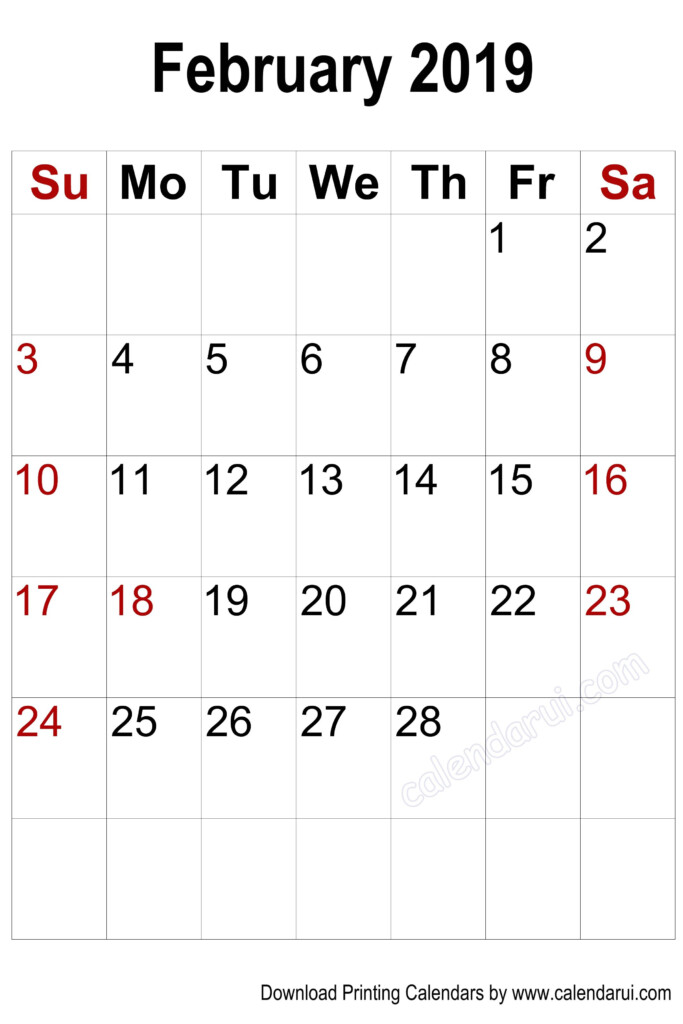 Vertical Blank February 2019 Calendar Printable Calendar Printables 