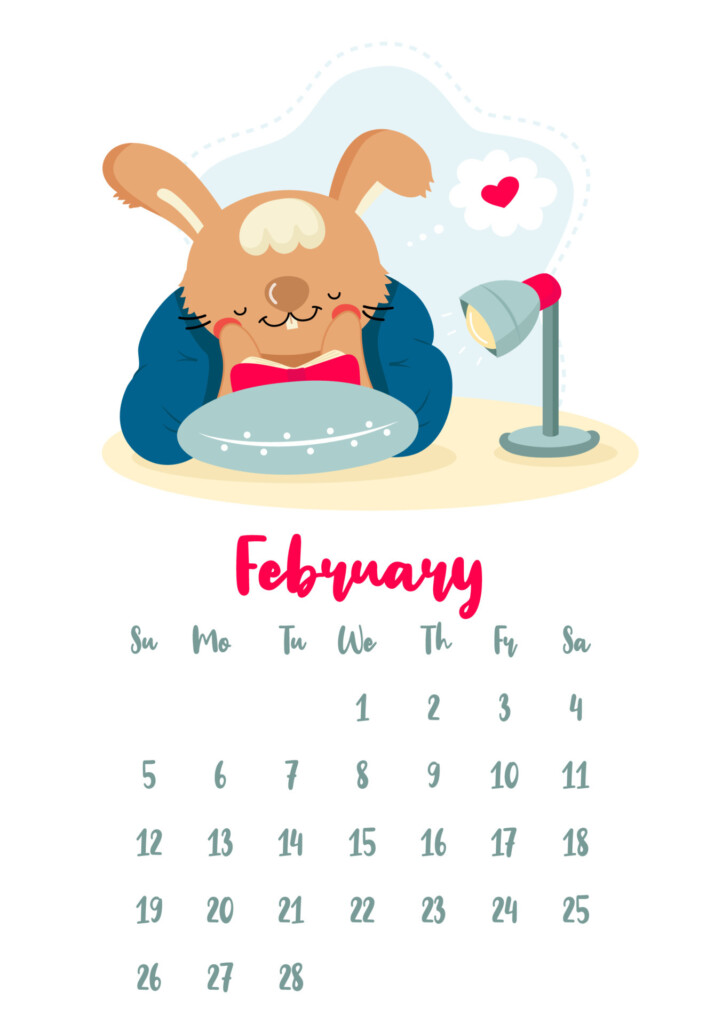 Vertical Vector Calendar For February 2023 With Cute Cartoon Reading 